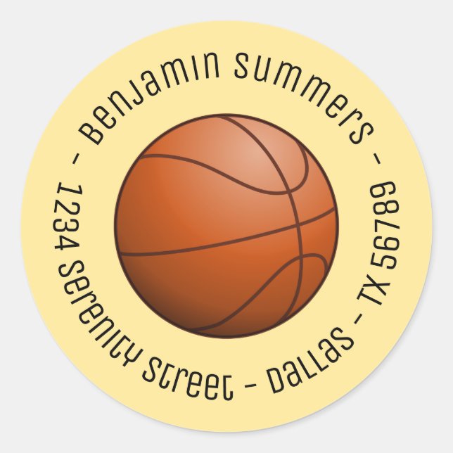 Basketball Ball Custom Text on Yellow Classic Round Sticker (Front)
