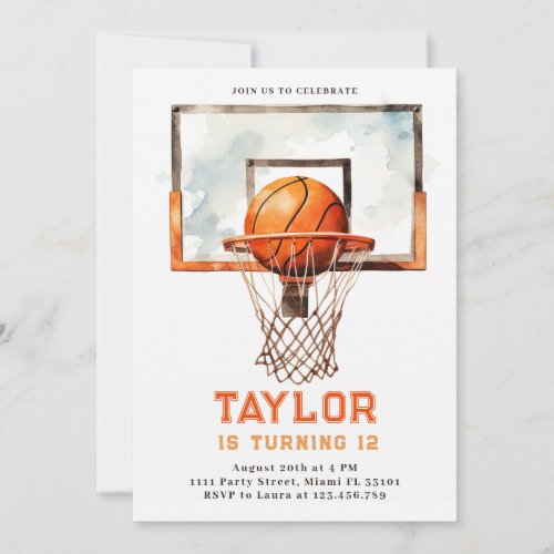 Basketball Ball Hoop Watercolor Birthday Party Invitation
