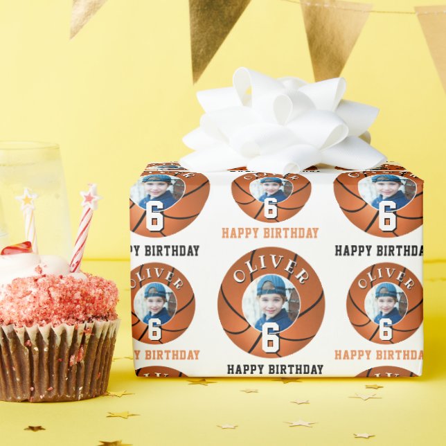 Basketball Ball Kids Happy Birthday Age Photo Wrapping Paper (Birthday Party)