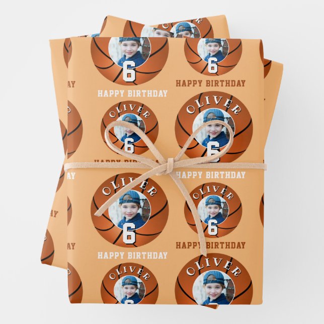 Basketball Ball Kids Happy Birthday Age Photo Wrapping Paper Sheets (In situ)
