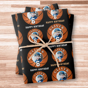 Basketball Ball Kids Happy Birthday Age Photo Wrapping Paper Sheets