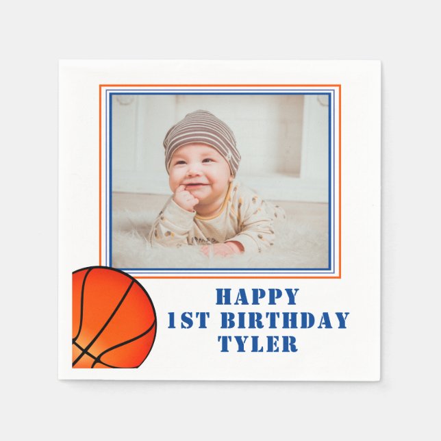 Basketball Ball Kids Photo Birthday Napkins (Front)