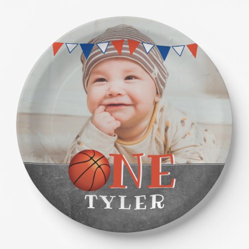 Basketball Ball ONE Chalkboard Photo 1st Birthday Paper Plates