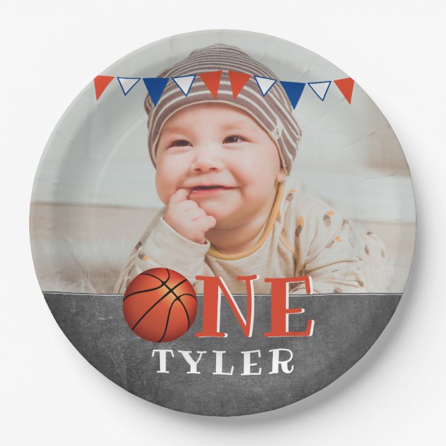 Basketball Ball ONE Chalkboard Photo 1st Birthday Paper Plates (Front)