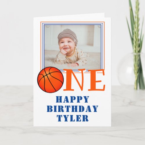 Basketball Ball ONE Kids Photo 1st Birthday Card