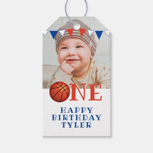 Basketball Ball ONE Photo 1st Birthday  Gift Tags