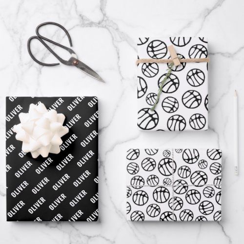 Basketball Ball Pattern Black and White Name Wrapping Paper Sheets