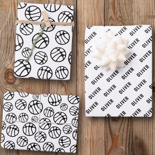 Basketball Ball Pattern Black and White Name Wrapping Paper Sheets