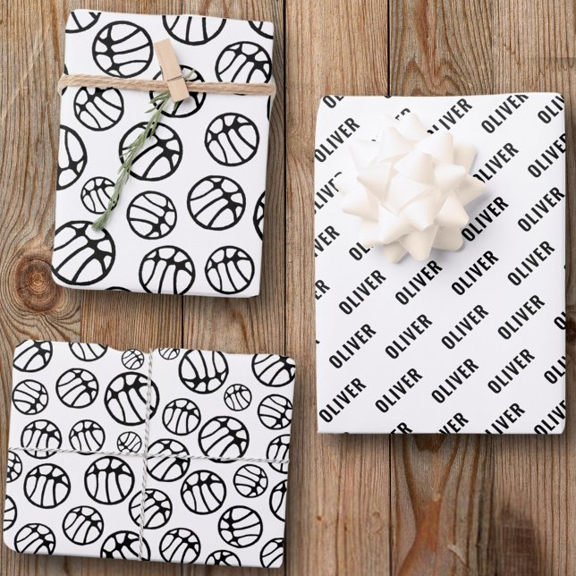 Basketball Ball Pattern Black and White Name Wrapping Paper Sheets (Creator Uploaded)