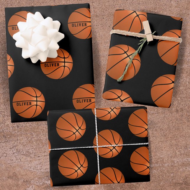 Basketball Ball Pattern Black Kids Name Sports  Wrapping Paper Sheets (Creator Uploaded)