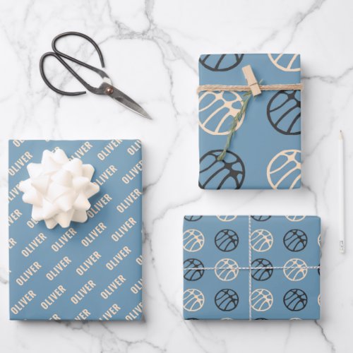 Basketball Ball Pattern Blue Name Wrapping Paper Sheets