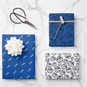 Basketball Ball Pattern Blue Name Wrapping Paper Sheets