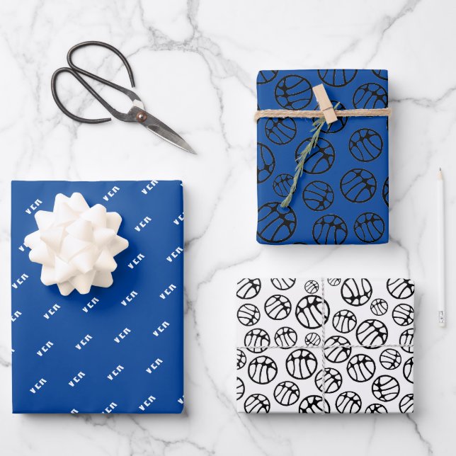 Basketball Ball Pattern Blue Name Wrapping Paper Sheets (Front)