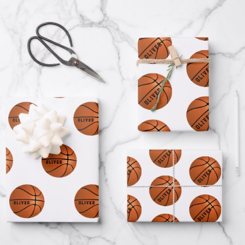 Basketball Ball Pattern Kids Name Birthday  Wrapping Paper Sheets