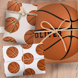 Basketball Ball Pattern Kids Name Birthday Wrapping Paper Sheets