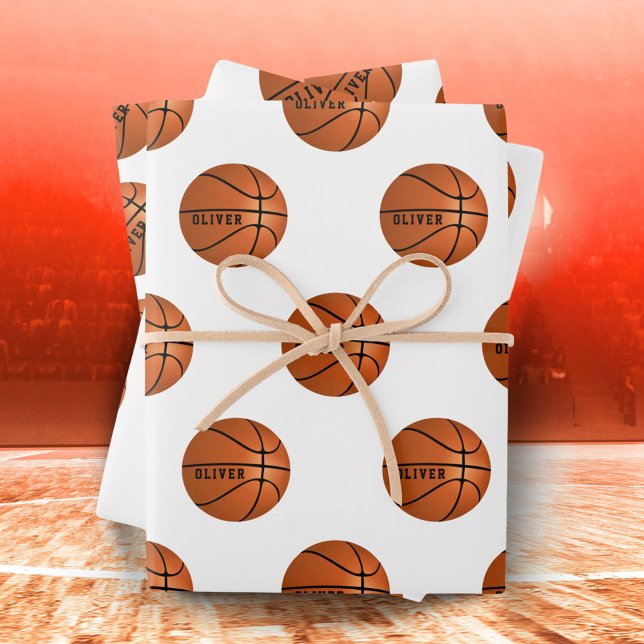 Basketball Ball Pattern Kids Name Birthday  Wrapping Paper Sheets (Creator Uploaded)