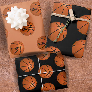 Basketball Ball Pattern Kids Name Birthday Wrapping Paper Sheets