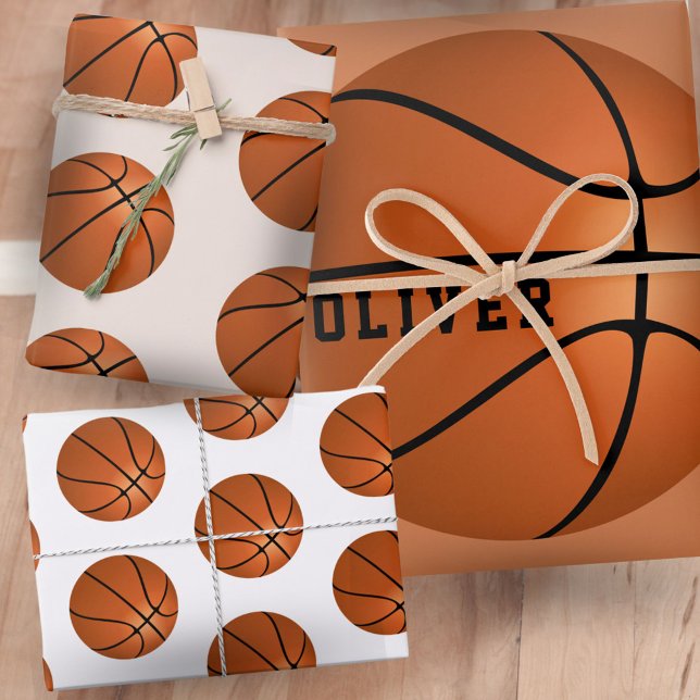 Basketball Ball Pattern Kids Name Birthday Wrapping Paper Sheets (Creator Uploaded)