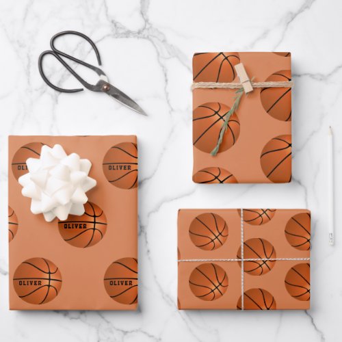 Basketball Ball Pattern Kids Name Sports Wrapping Paper Sheets