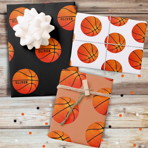 Basketball Ball Pattern Kids Name Sports Wrapping Paper Sheets