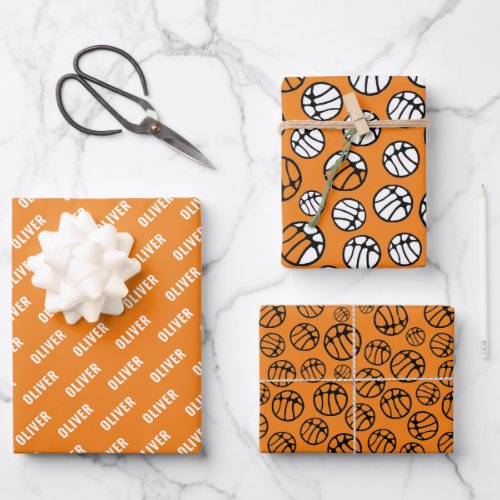 Basketball Ball Pattern Orange Name  Wrapping Paper Sheets