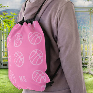 Basketball Ball Pattern Pink Girly Monogram Drawstring Bag