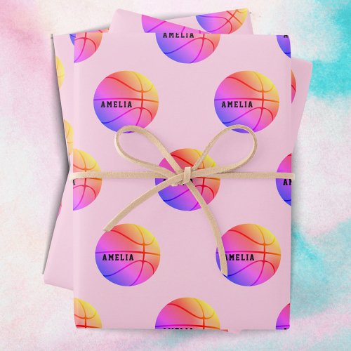 Basketball Ball Pattern Pink Kids Name Sports Wrapping Paper Sheets
