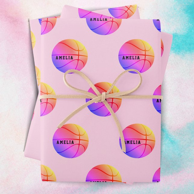 Basketball Ball Pattern Pink Kids Name Sports Wrapping Paper Sheets (Creator Uploaded)