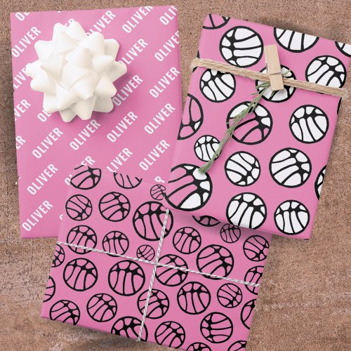 Basketball Ball Pattern Pink Name  Wrapping Paper Sheets