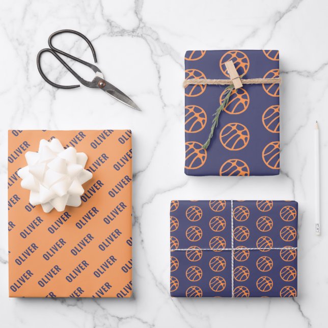 Basketball Ball Pattern Purple Orange Name Wrapping Paper Sheets (Front)