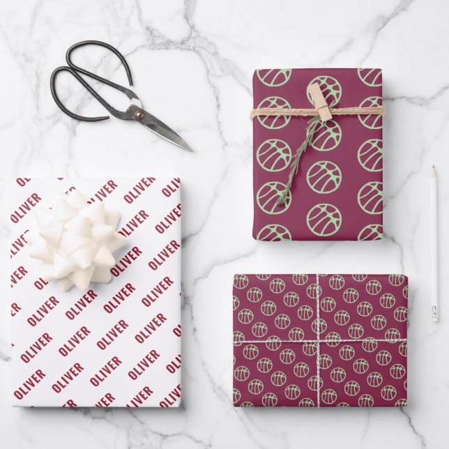 Basketball Ball Pattern Red Name Wrapping Paper Sheets (Front)