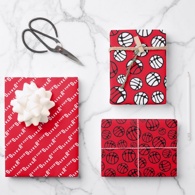 Basketball Ball Pattern Red Name  Wrapping Paper Sheets (Front)