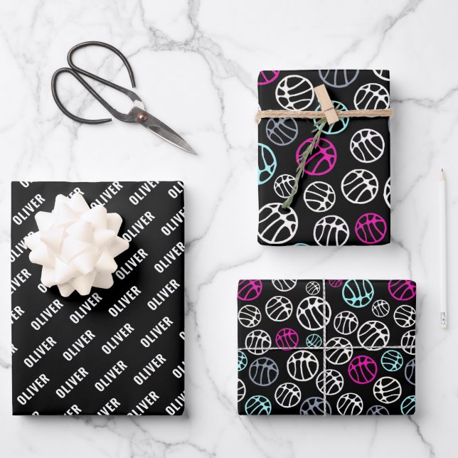 Basketball Ball Pattern Sport Black and White Name Wrapping Paper Sheets (Front)