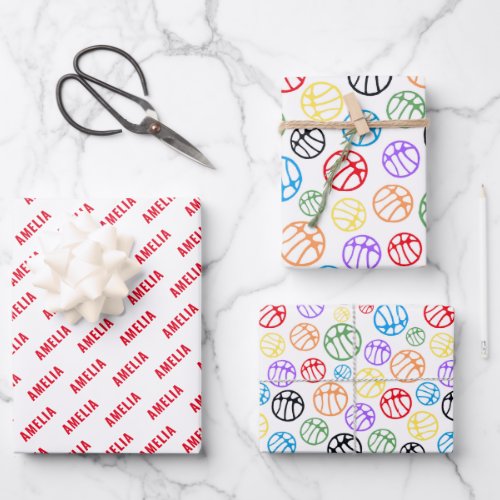 Basketball Ball Pattern Sport Colorful Name Wrapping Paper Sheets