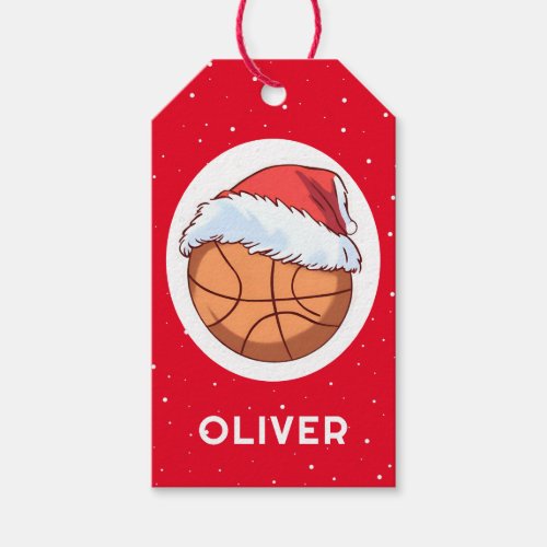 Basketball Ball Red Santa Hat Christmas Kid Name  Gift Tags