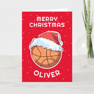 Basketball Ball Red Santa Hat Christmas Kid Name Holiday Card