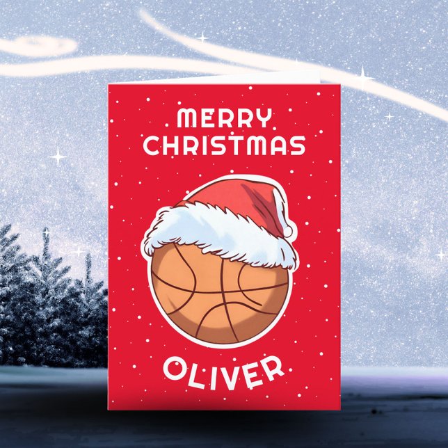 Basketball Ball Red Santa Hat Christmas Kid Name  Holiday Card (Creator Uploaded)