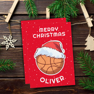 Basketball Ball Red Santa Hat Christmas Kid Name Holiday Card