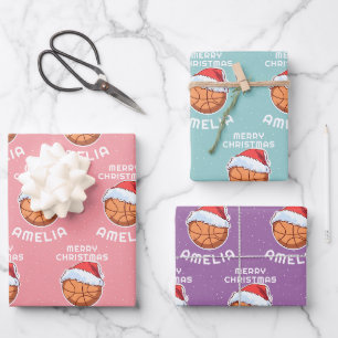 Basketball Ball Red Santa Hat Christmas Kid Name Wrapping Paper Sheets