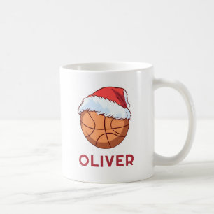 Basketball Ball Red Santa Hat Name Christmas Coffee Mug