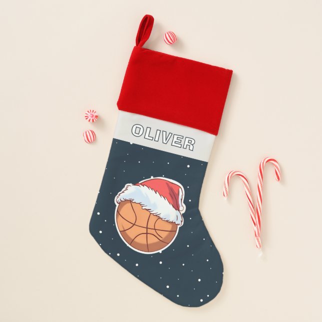 Basketball Ball Red Santa Hat Name Christmas Stocking (Front)
