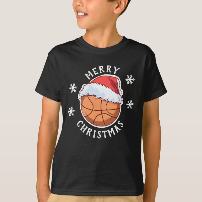 Basketball Ball Red Santa Hat Snowflake Christmas T-Shirt (Front)