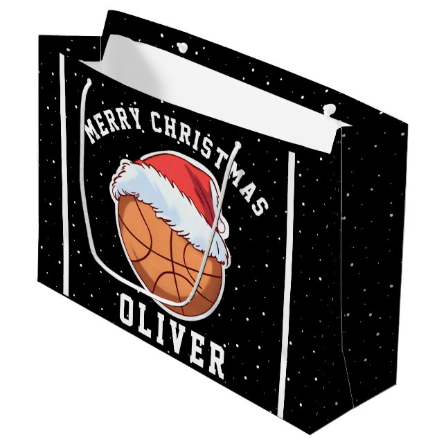 Basketball Ball Santa Hat Name Merry Christmas  Large Gift Bag (Front Angled)