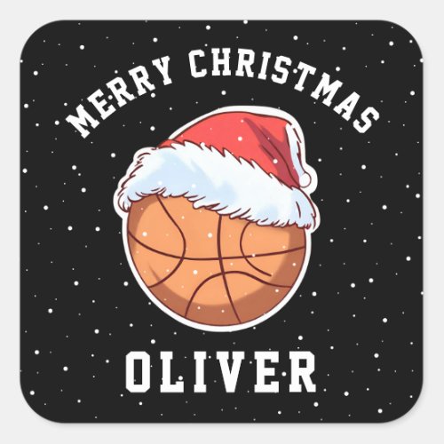 Basketball Ball Santa Hat Name Merry Christmas  Square Sticker
