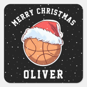Basketball Ball Santa Hat Name Merry Christmas Square Sticker