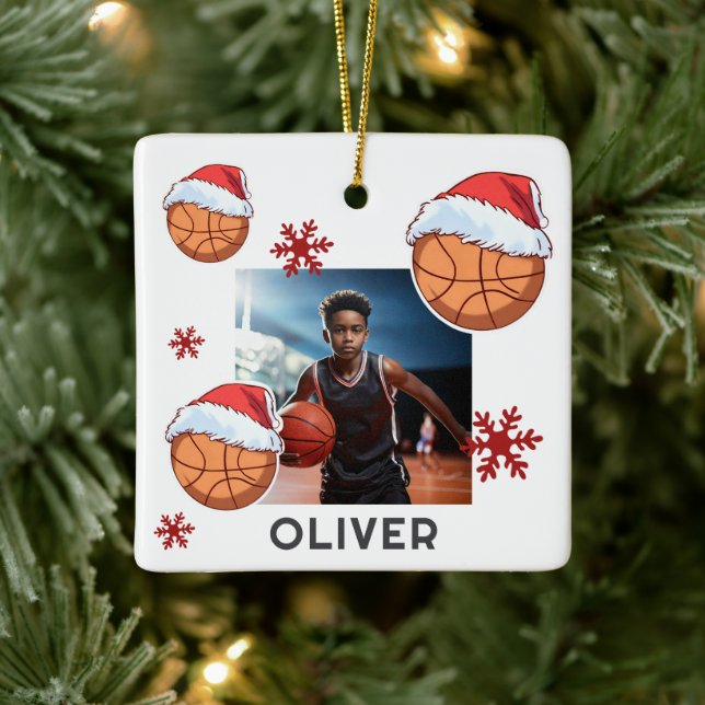 Basketball Ball Santa Hat Name Photo Christmas  Ceramic Ornament (Tree)