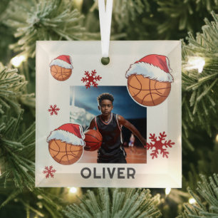 Basketball Ball Santa Hat Name Photo Christmas  Glass Ornament