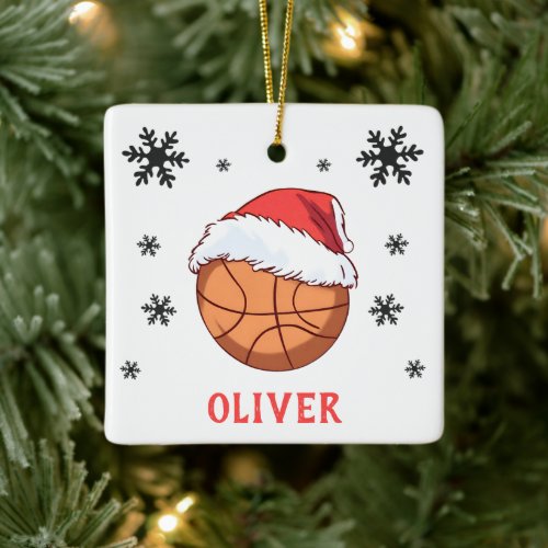 Basketball Ball Santa Hat Snowflake Name  Ceramic Ornament