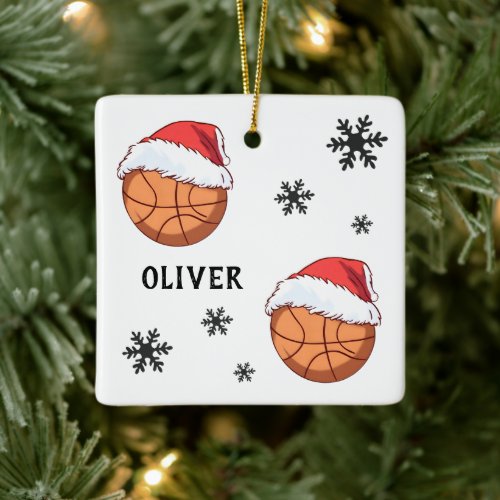 Basketball Ball Santa Hat Snowflake Name  Ceramic Ornament