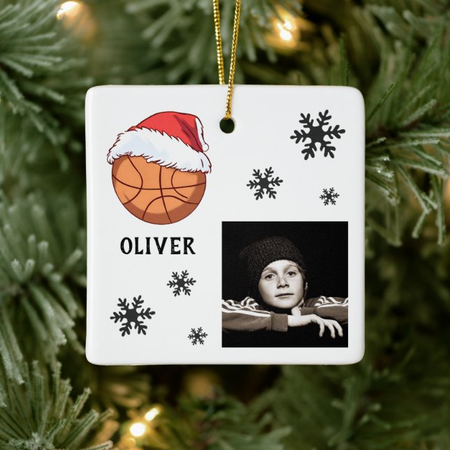 Basketball Ball Santa Hat Snowflake Name Photo Ceramic Ornament (Tree)